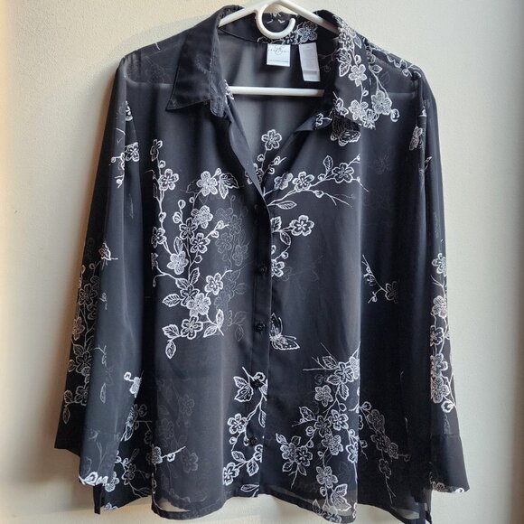 Emma James Black/White Semi-Sheer Floral Button Down Blouse Size 18 - Picture 6 of 14